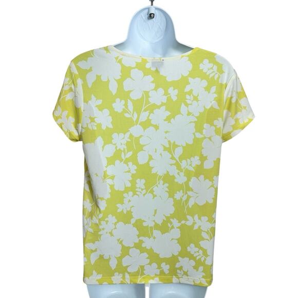 Rafaella Yellow Floral Blouse Sz M V-Neck Top Draped Front Short Sleeve - Picture 4 of 5